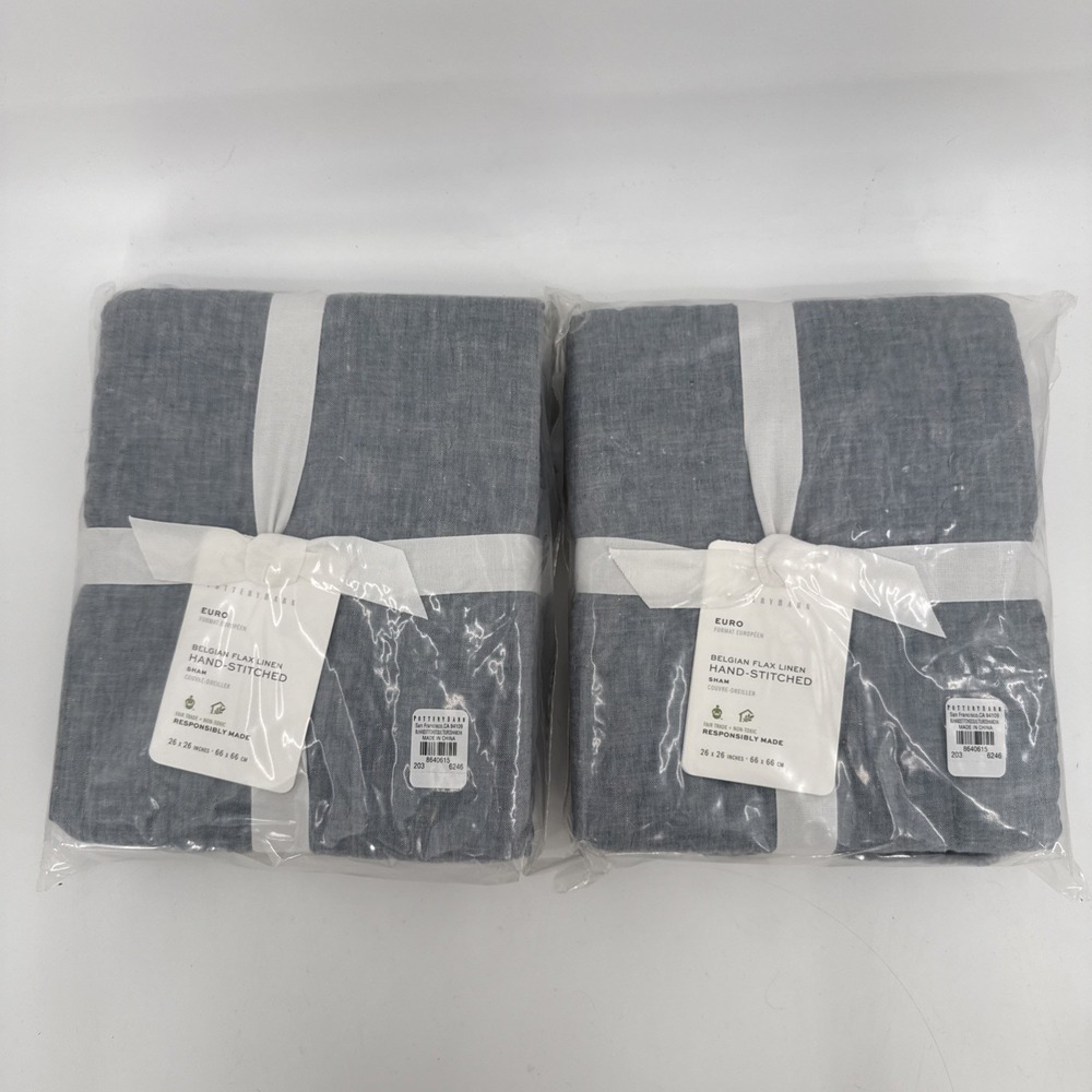 Pottery Barn Chambray Euro Belgian Flax Linen Stitched Shams Set Of 2 New